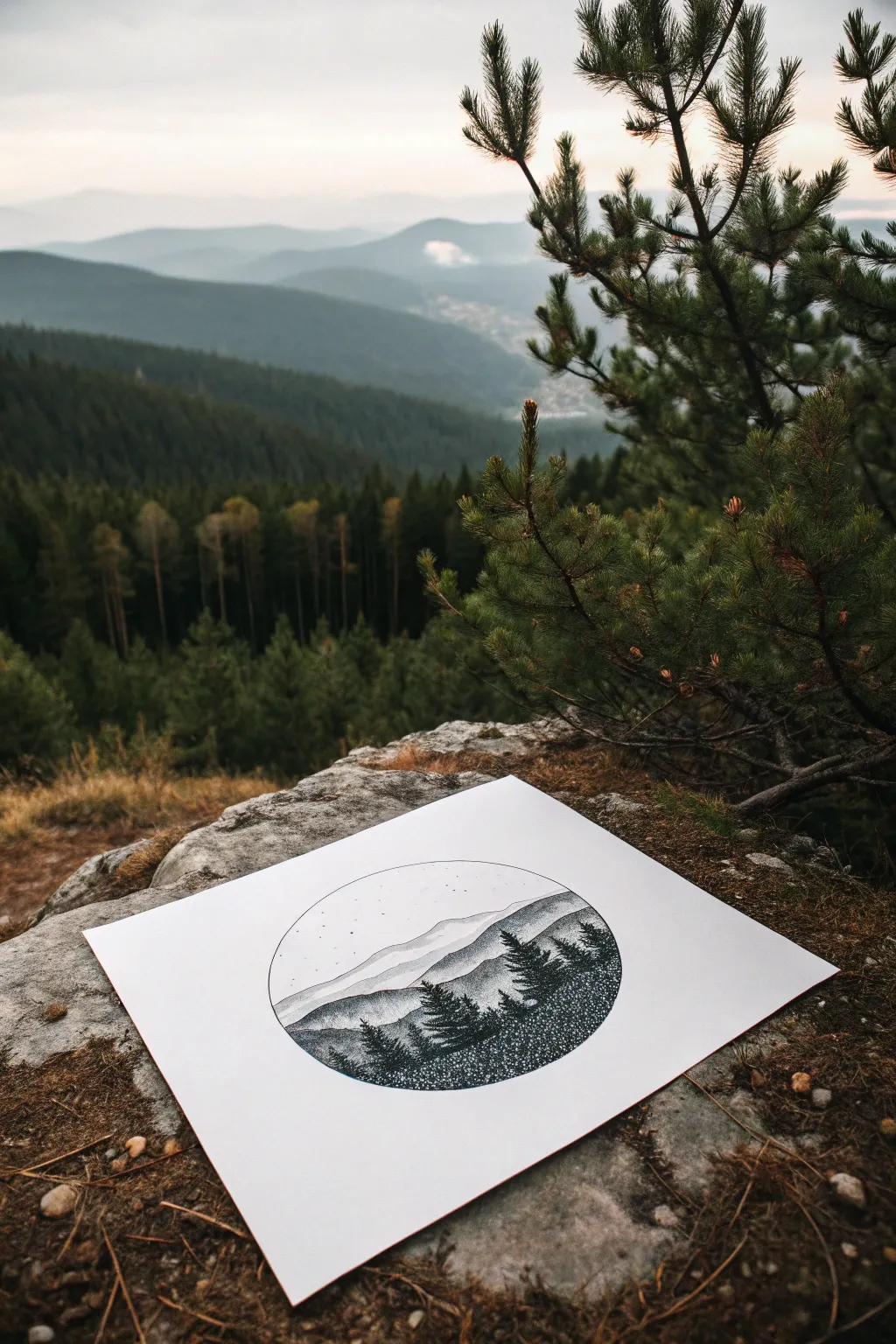 Circular stippled landscape study: moody trees, misty hills, and airy atmospheric depth.