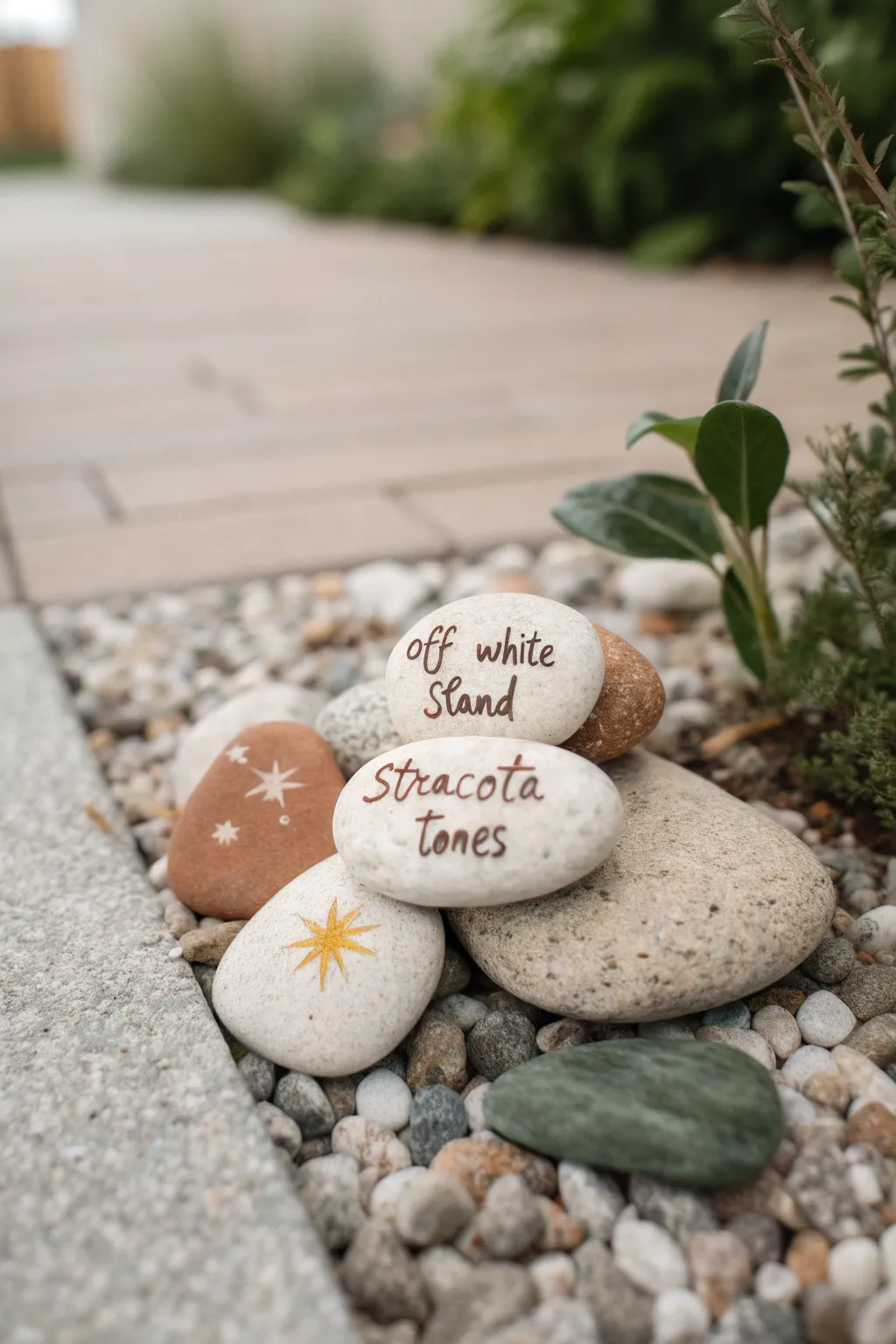 Minimalist hand painted kindness stones with tiny star and leaf accents, ready to leave on a path