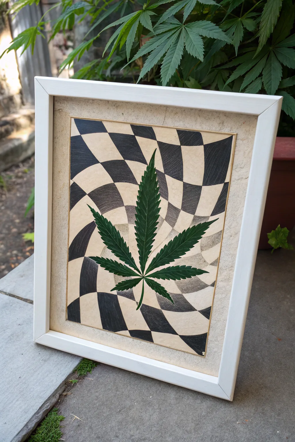 Minimal trippy checkerboard warp with a crisp cannabis leaf and surreal shadow, Pinterest-ready.