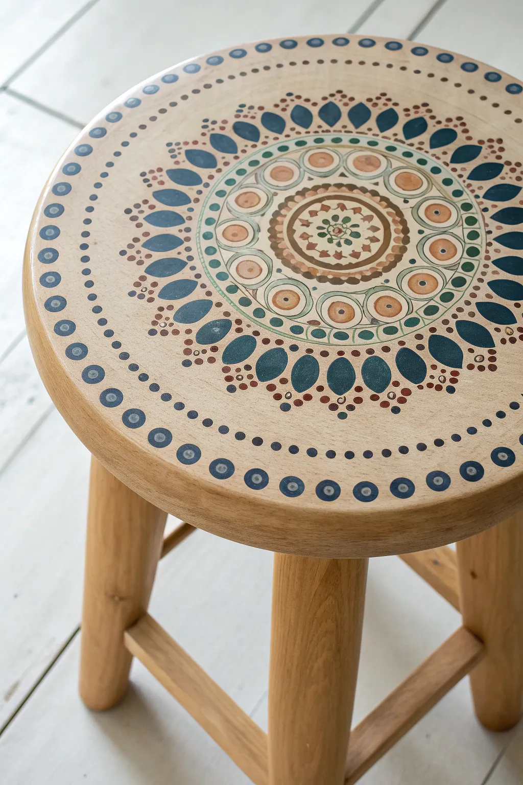 Round stool mandala dot art in soft boho tones, shot from above for crisp, calming symmetry.