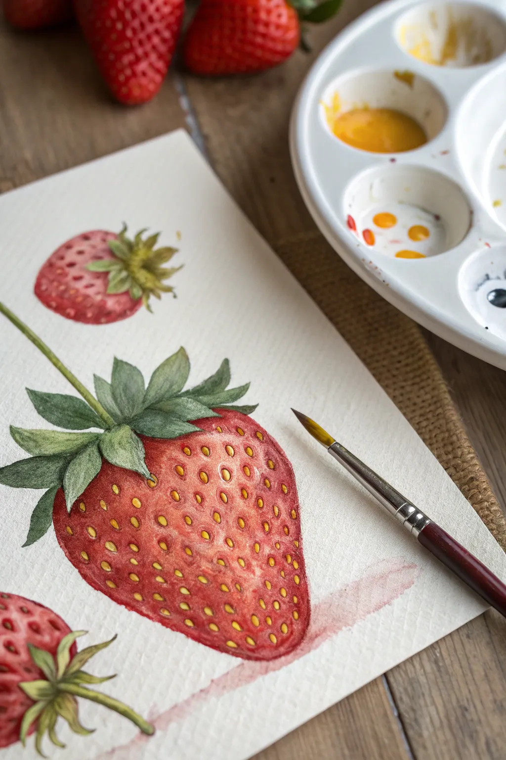 Stipple warm yellow seeds to give your strawberry painting realistic texture and charm.