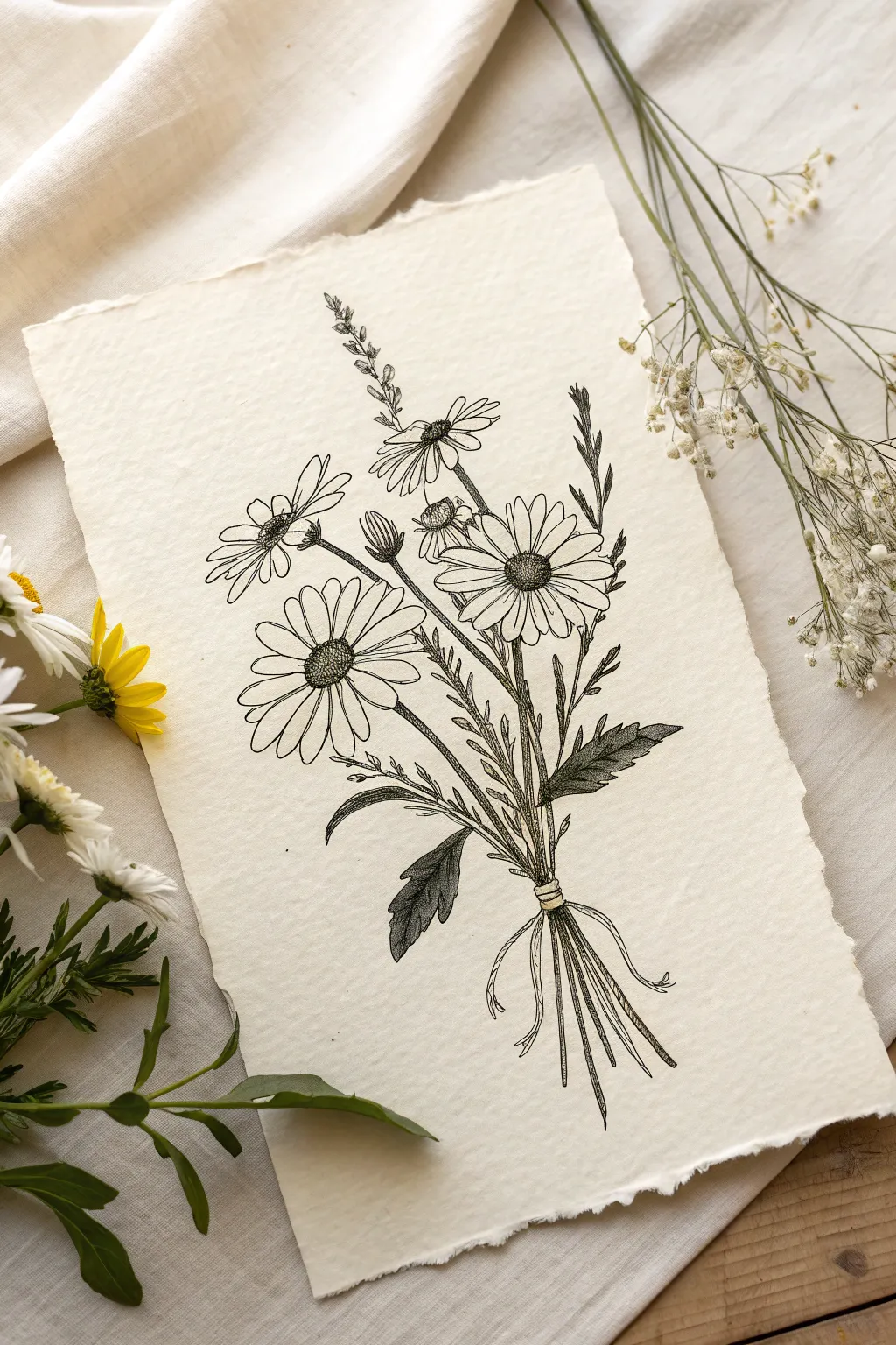 Loose line art wildflower bouquet, ready for soft summer watercolor washes and calm vibes