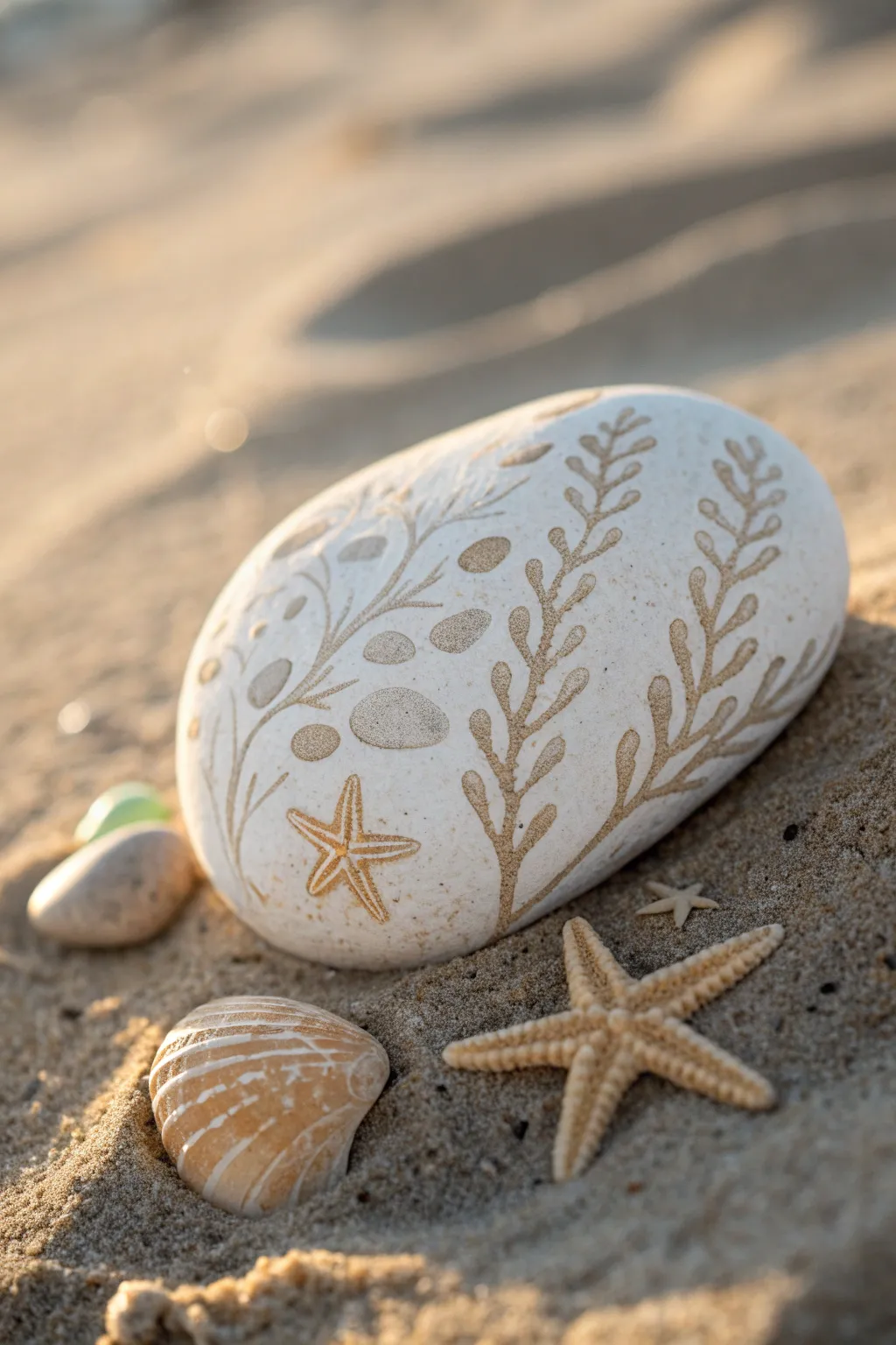 Minimal beach still life: one hand-painted rock with seashell and starfish outlines on sand
