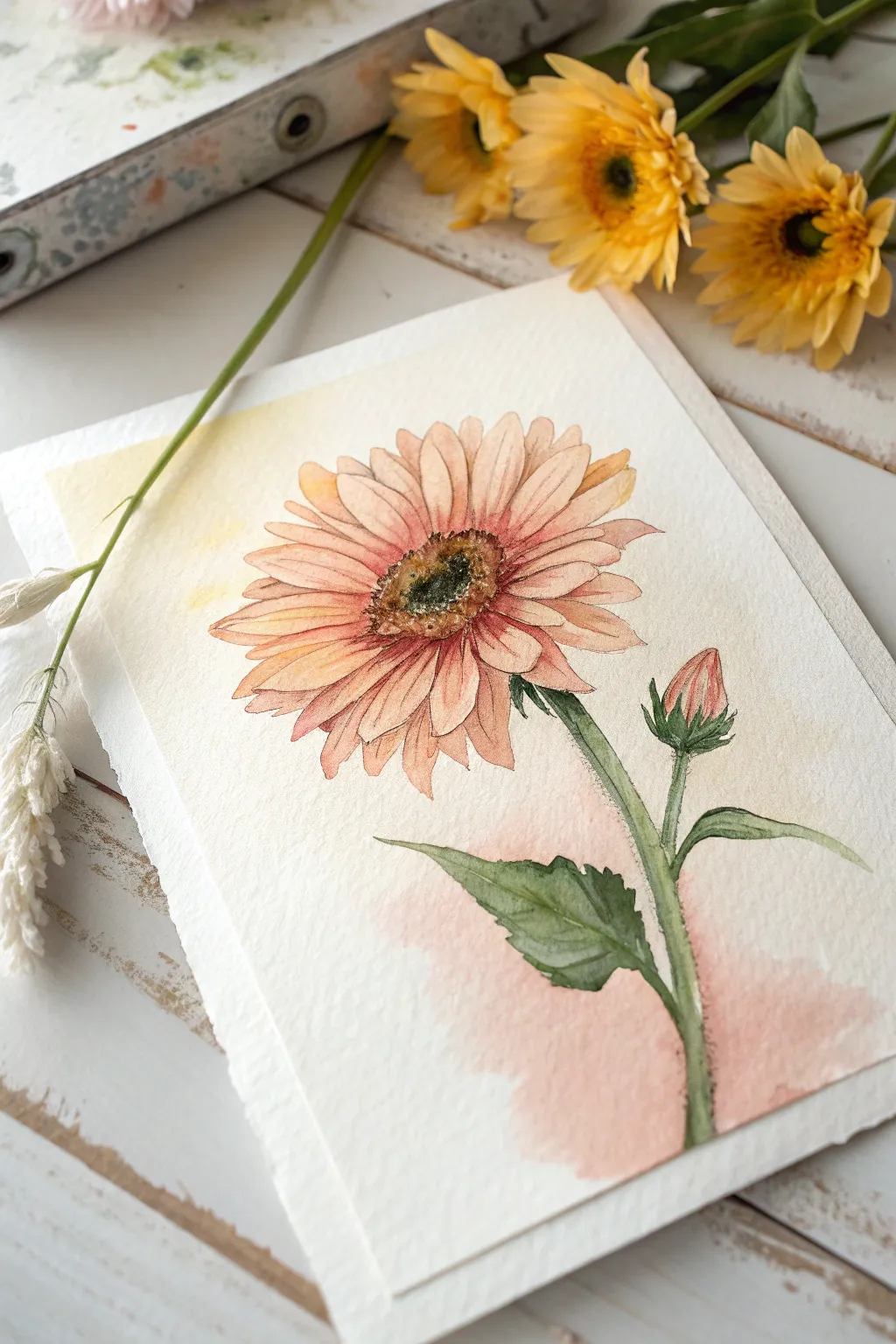 Soft wet-on-wet watercolor sunflower with glowing petals and a dreamy, airy background wash