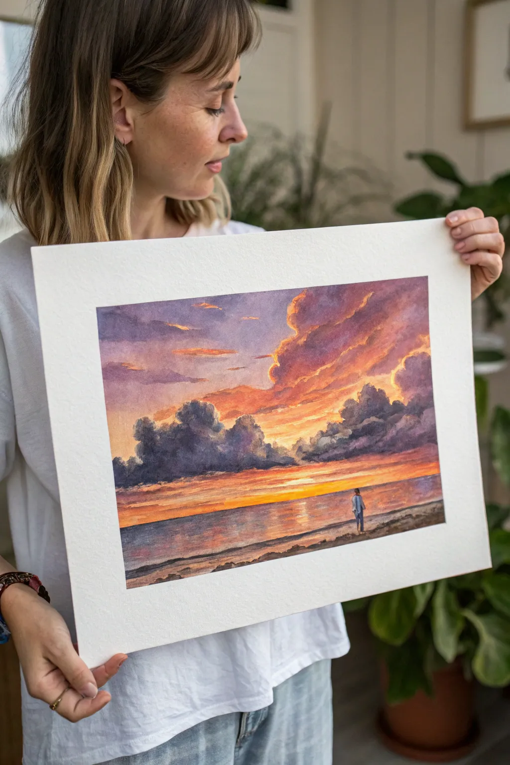 Chunky sunset clouds in coral and gold glow against a fading violet sky, bold and serene.