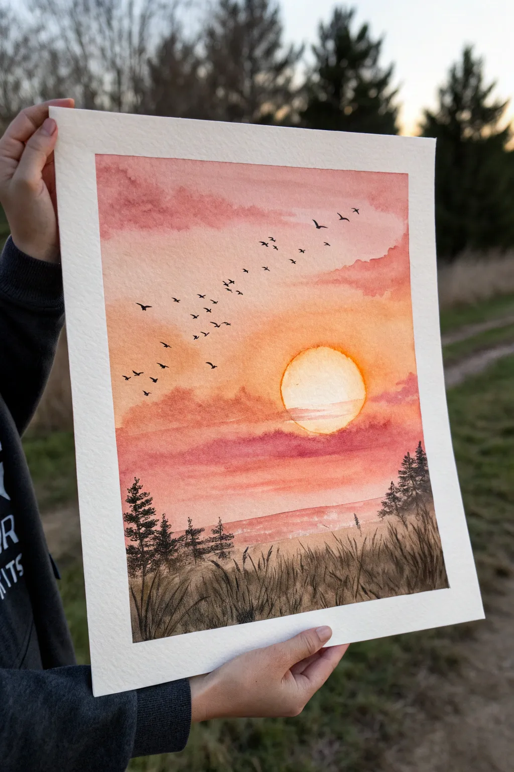 Minimal sunset wash with tiny bird silhouettes, a calm Scandinavian-boho painting idea.