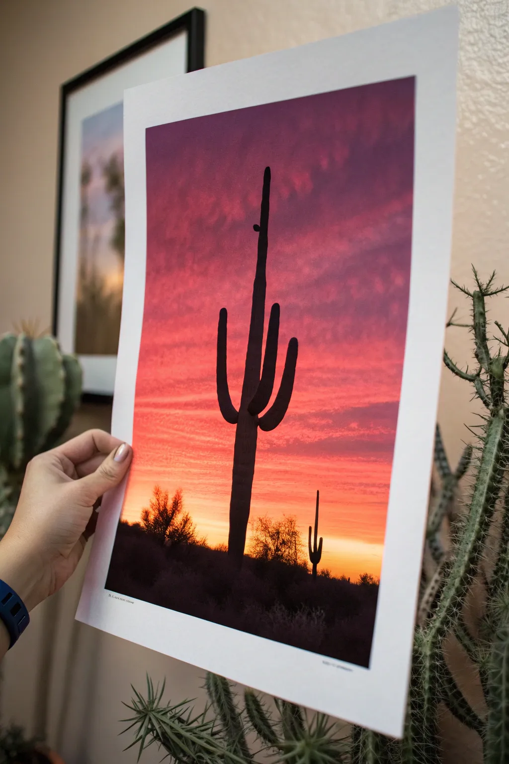 Paint a bold cactus silhouette against a glowing red-orange to violet desert sunset wash