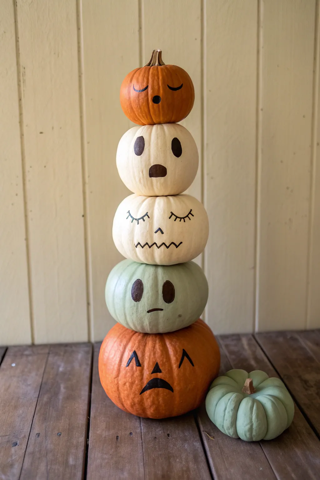 Minimalist stacked pumpkin totem with three painted faces, cozy Scandinavian boho fall decor.
