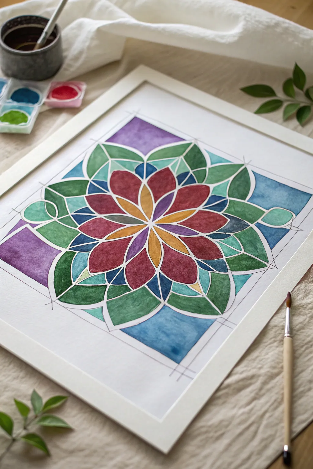 Stained-glass tape floral: jewel-tone cells with crisp white borders for modern boho minimal art