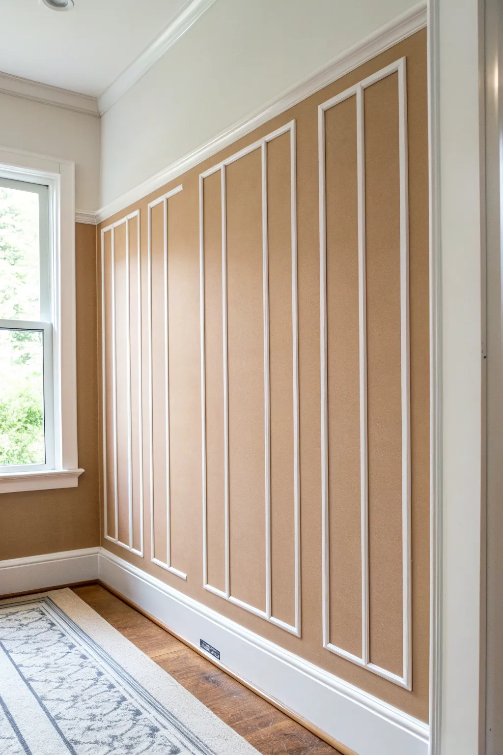 Skinny taped pinstripes over a calm wall color for a crisp, minimalist DIY accent