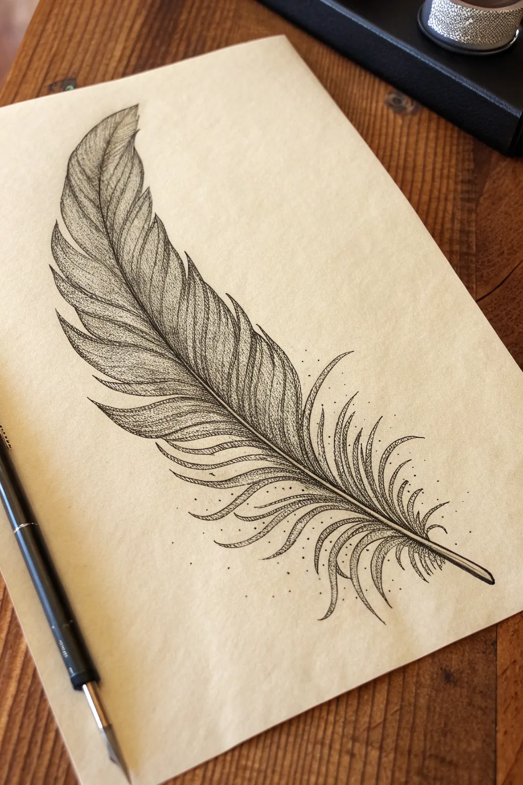Feather tattoo sketch with stipple fade, clean lines, minimalist boho elegance for women