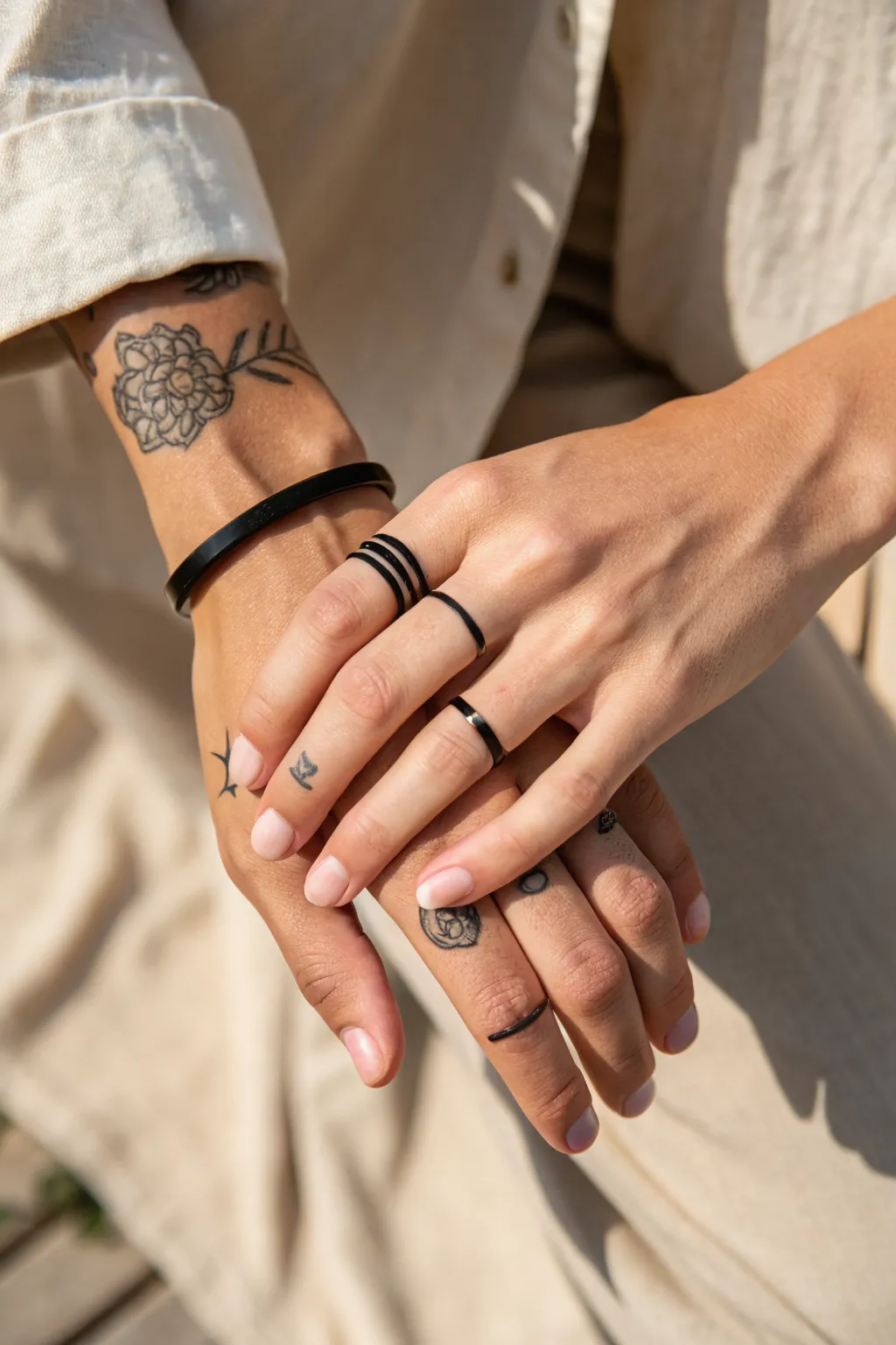 Minimalist matching finger band tattoos, softly lit for a calm Scandinavian boho vibe