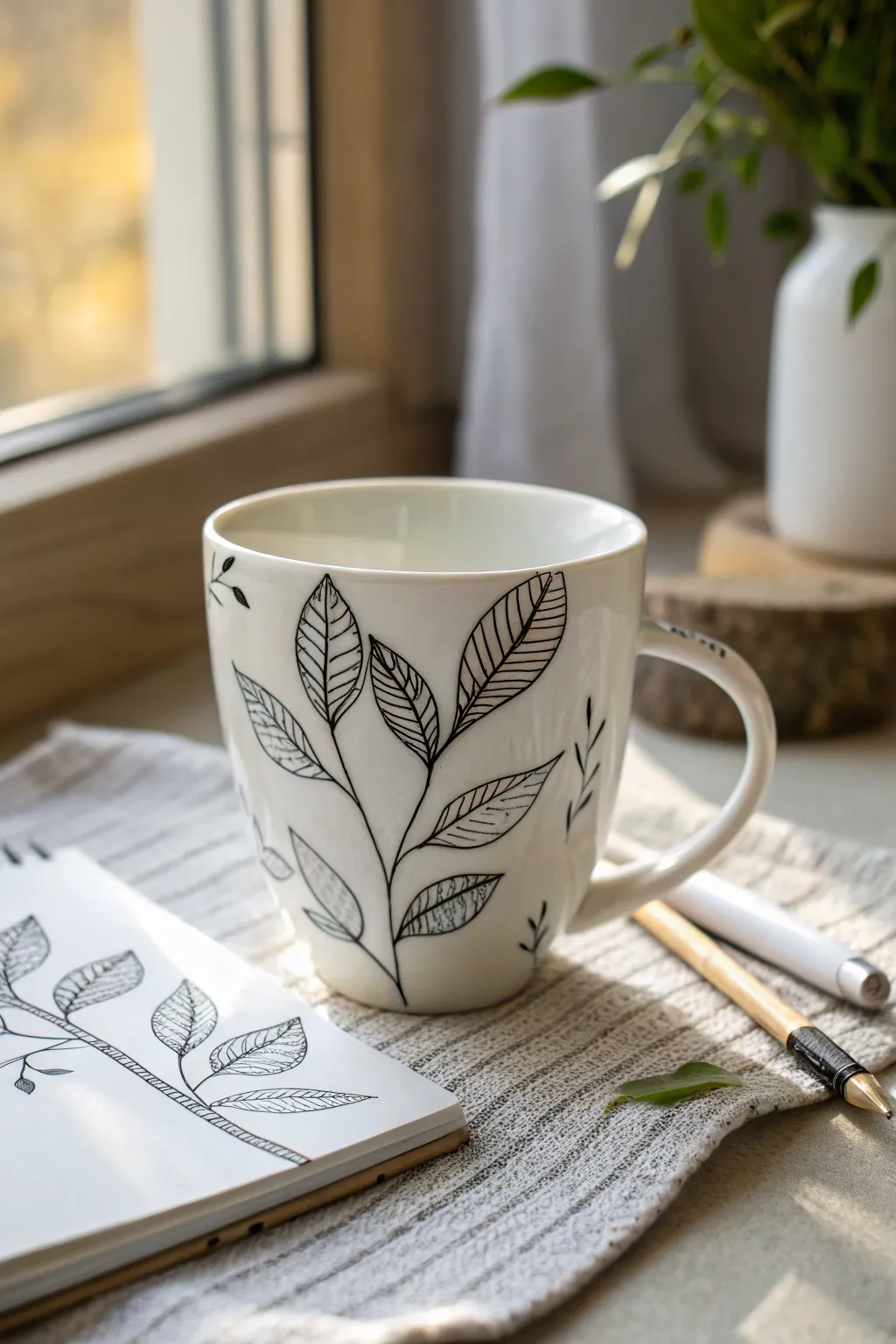Loose black botanical line art on a white teacup, minimalist and calming to paint.