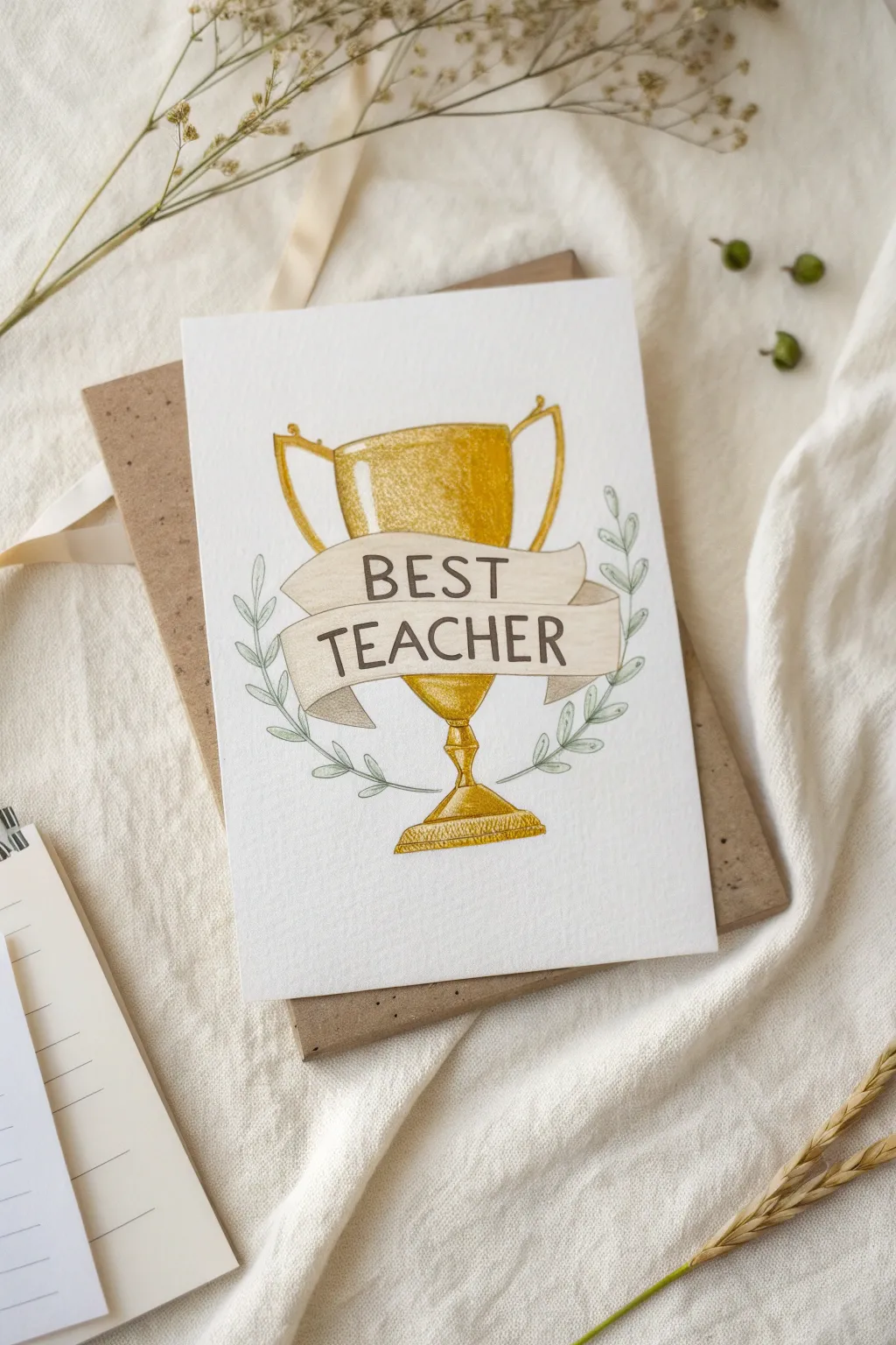 Golden trophy cup drawing with gratitude banner, a simple Teacher Appreciation Week art idea.