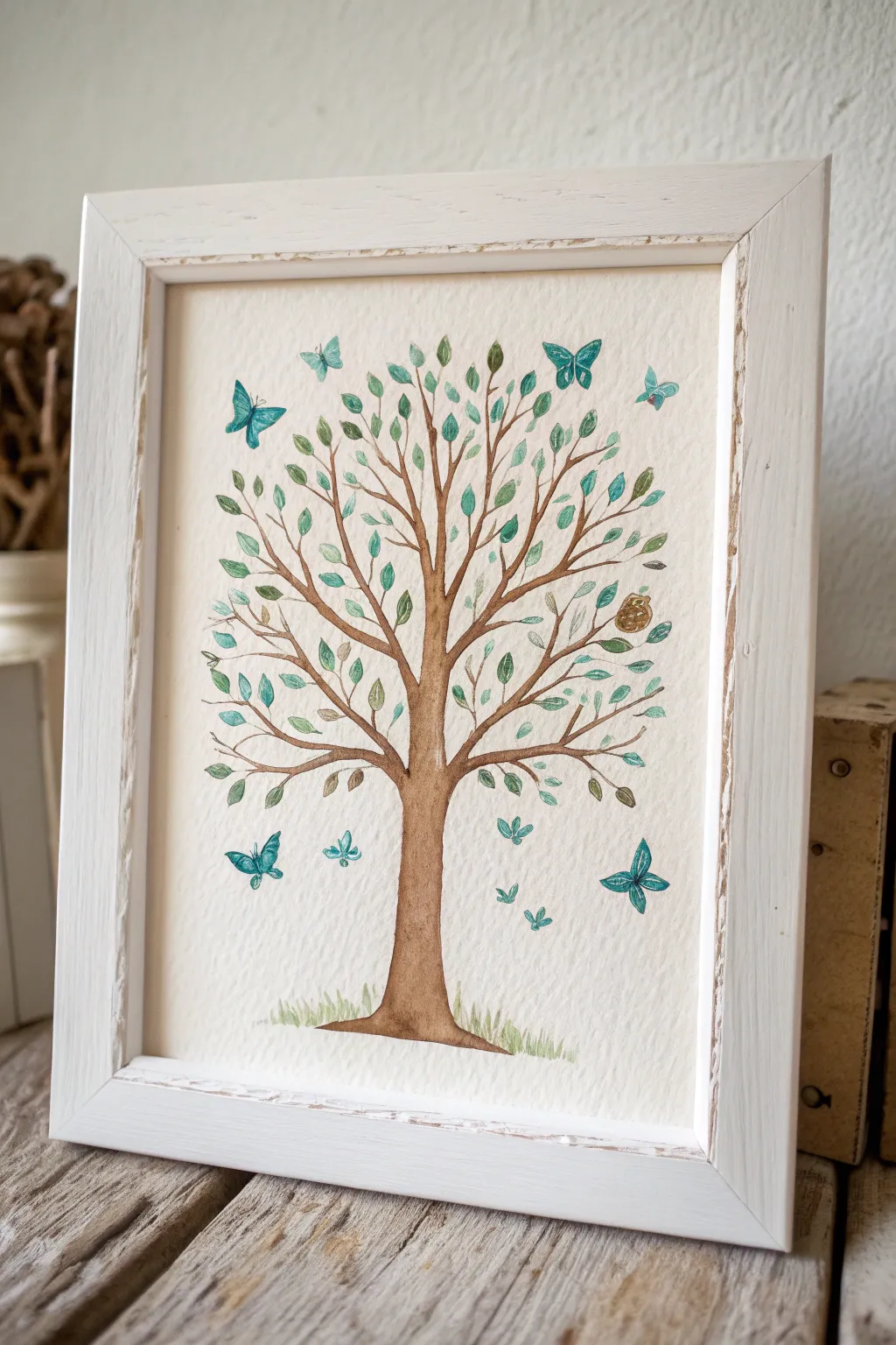 Whimsical teal butterflies become treetop leaves for a calm, minimalist boho painting idea.