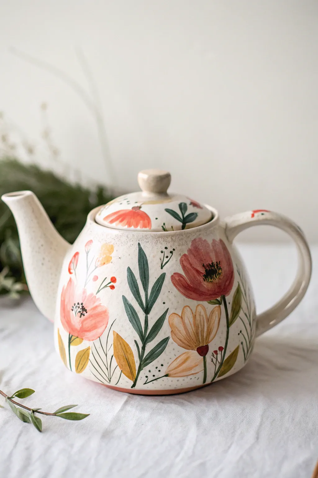 Loose one-stroke florals with visible paint texture for an effortless teapot painting idea
