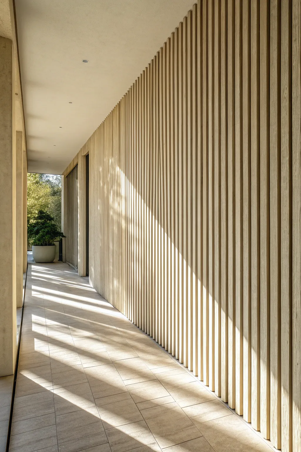 Vertical combed wall texture with raking light, crisp shadows, and calm Scandinavian warmth.
