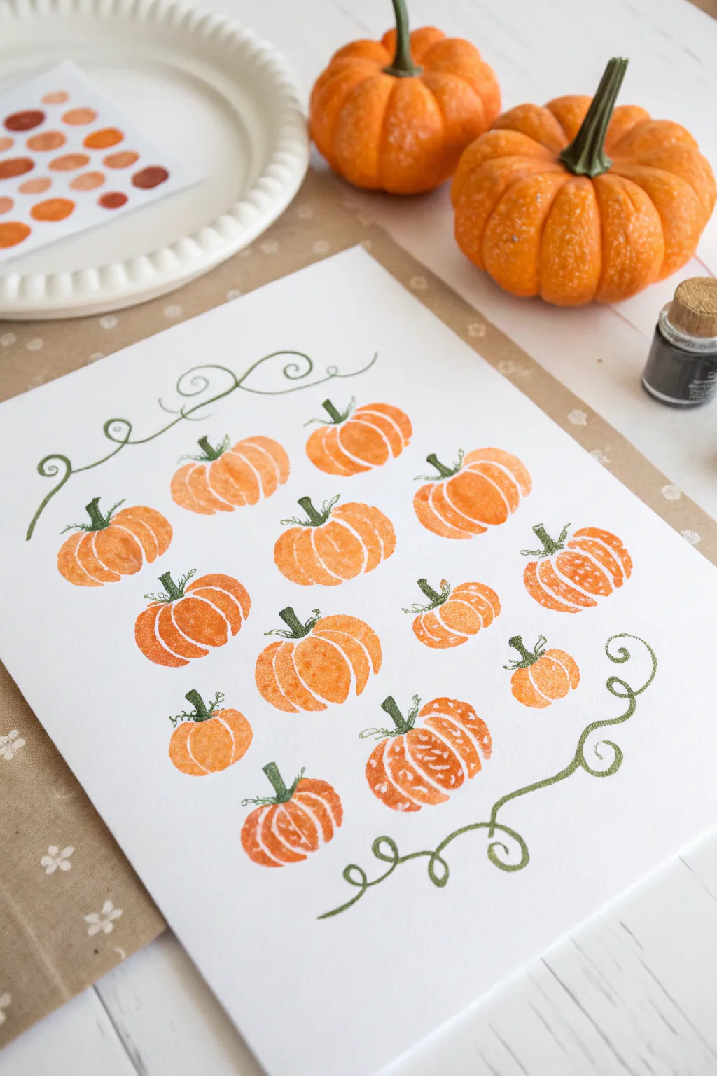 Cozy pumpkin patch made with orange fingerprints and simple green vines, perfect for Thanksgiving.