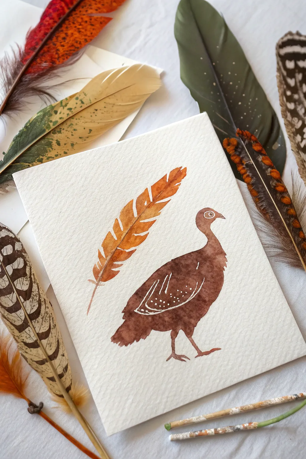 Salt textured watercolor turkey feathers in cozy autumn hues, minimalist and paint night friendly