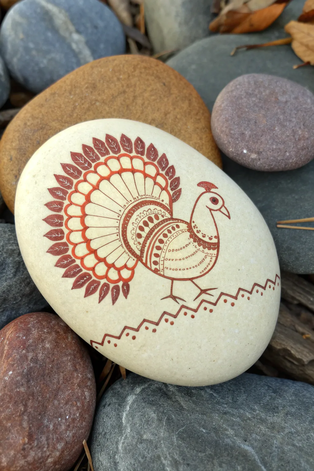 Mandala-dot turkey tail painted rock in warm autumn tones, a minimal Scandinavian-boho craft idea