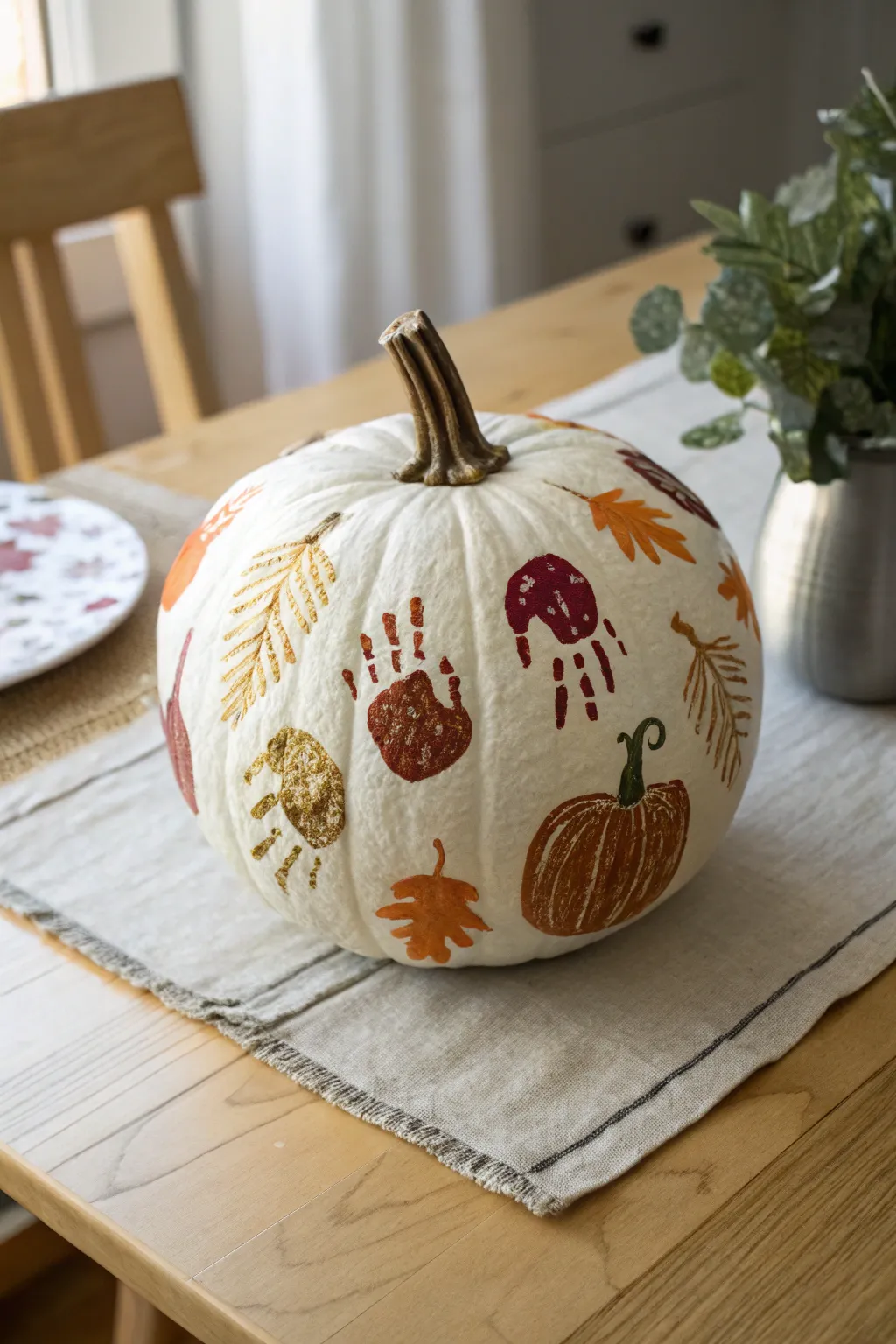 Handprint turkey keepsake pumpkin in soft Scandinavian light, an easy Thanksgiving craft keepsake