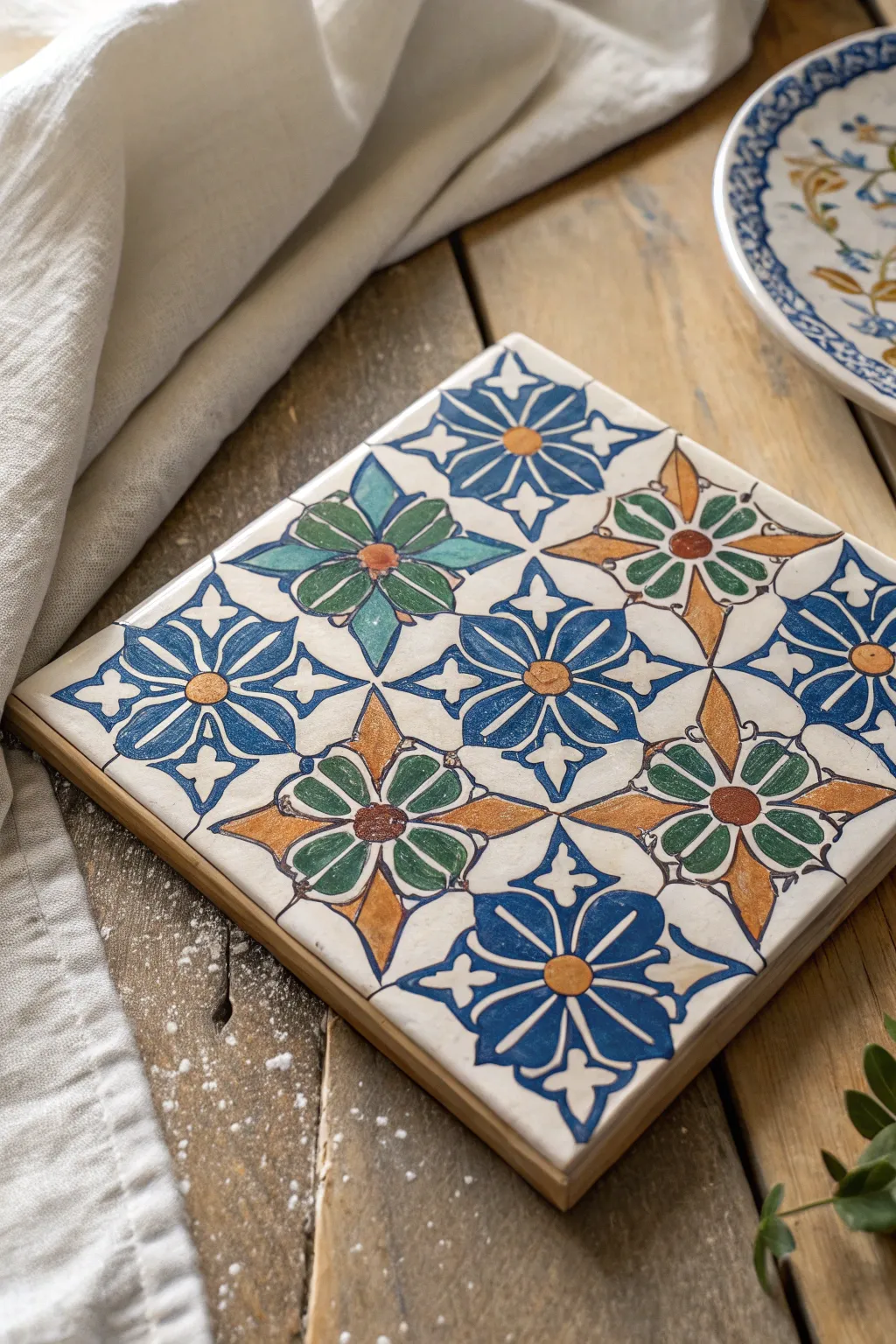 Moroccan repeating motif tile in rich hues, with a soft pencil sketch tile beside it for planning.