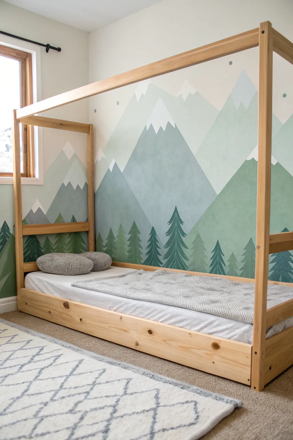 Modern mountain range accent wall in layered blues and greens behind a low toddler bed