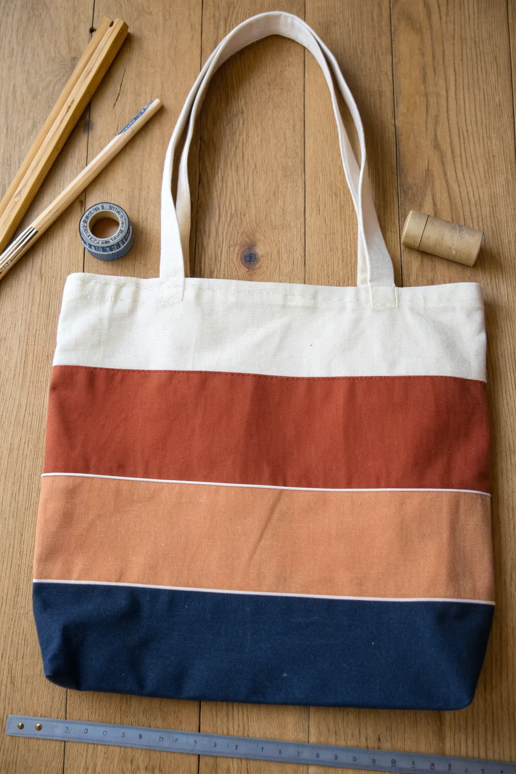 Classic striped tote bag paint idea with ruler and tape for clean, minimalist boho lines
