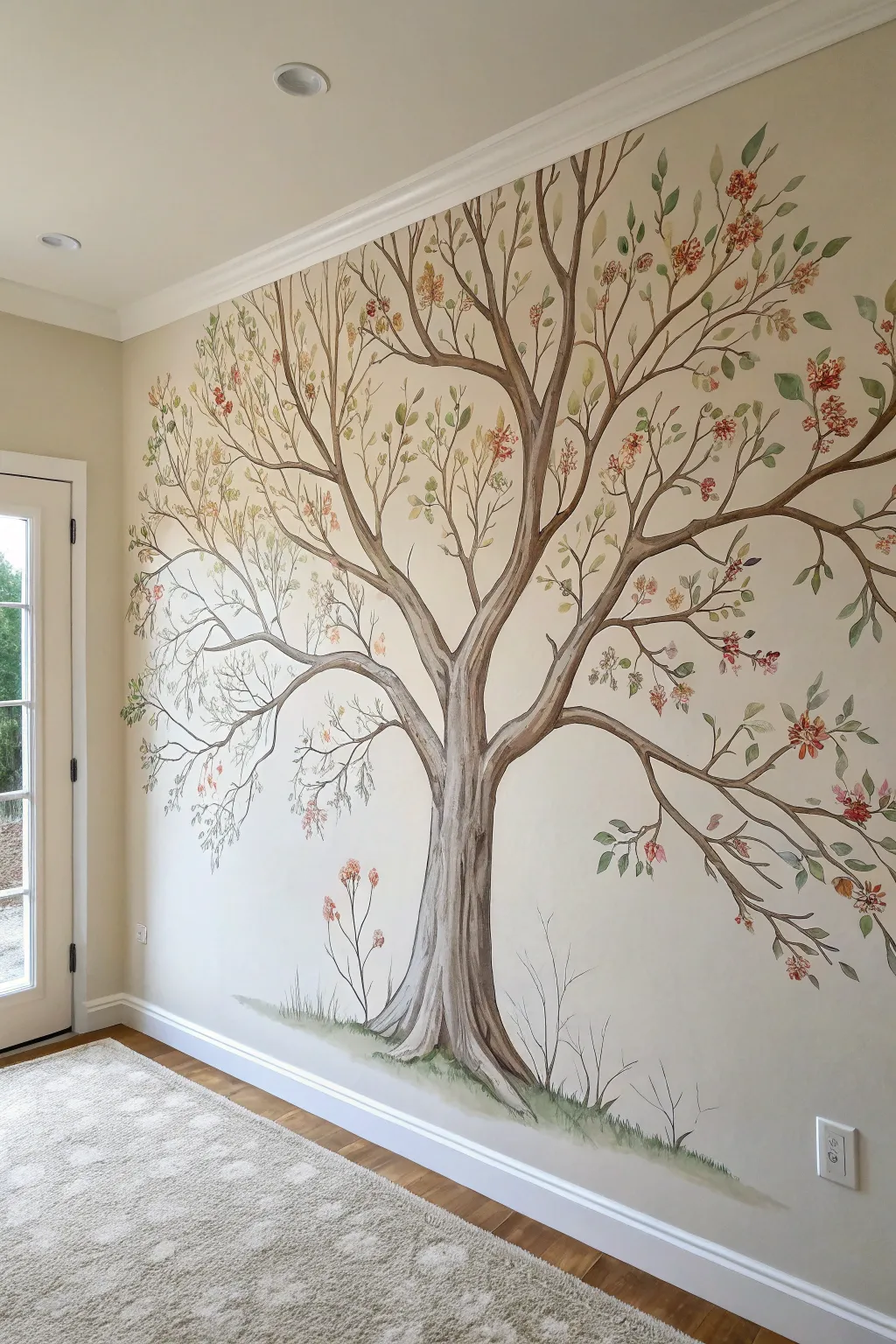 Four seasons in one elegant tree mural, from blossom to bare branches, minimalist boho charm.