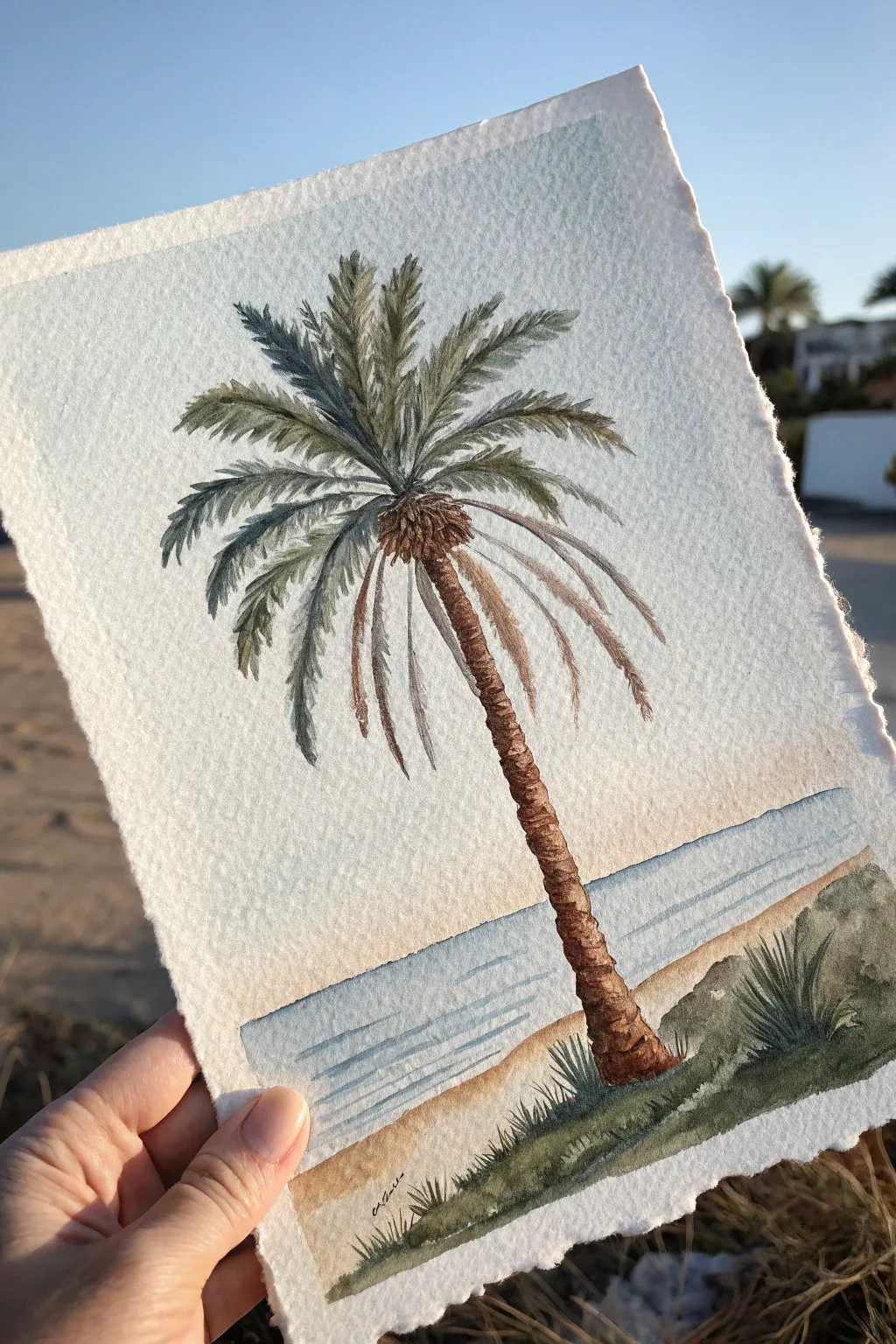 Minimal palm tree against a clean sky, perfect for airy Scandinavian boho tree painting ideas.