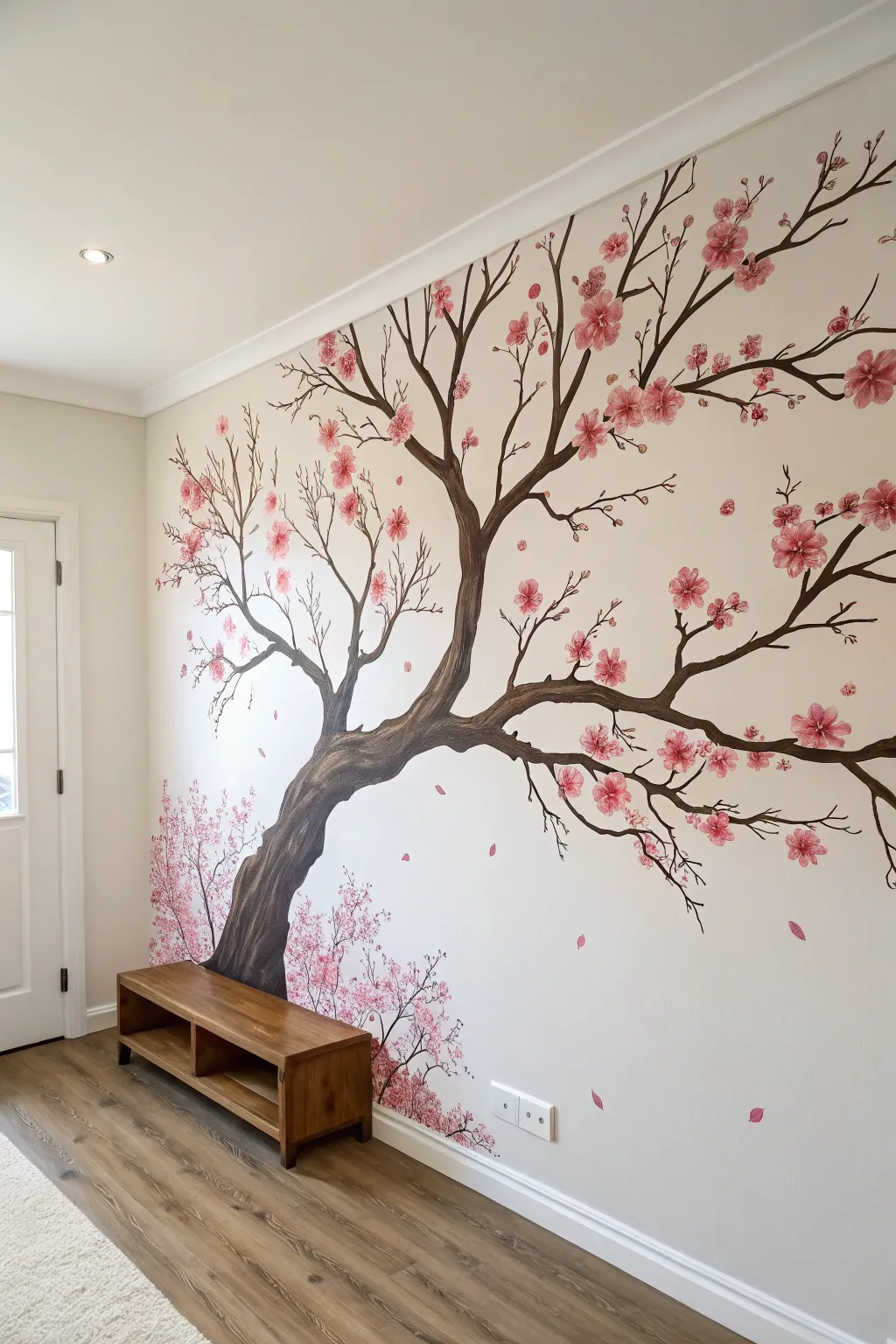 Cherry blossom accent wall with soft pink blooms and drifting petals in a calm minimalist vibe