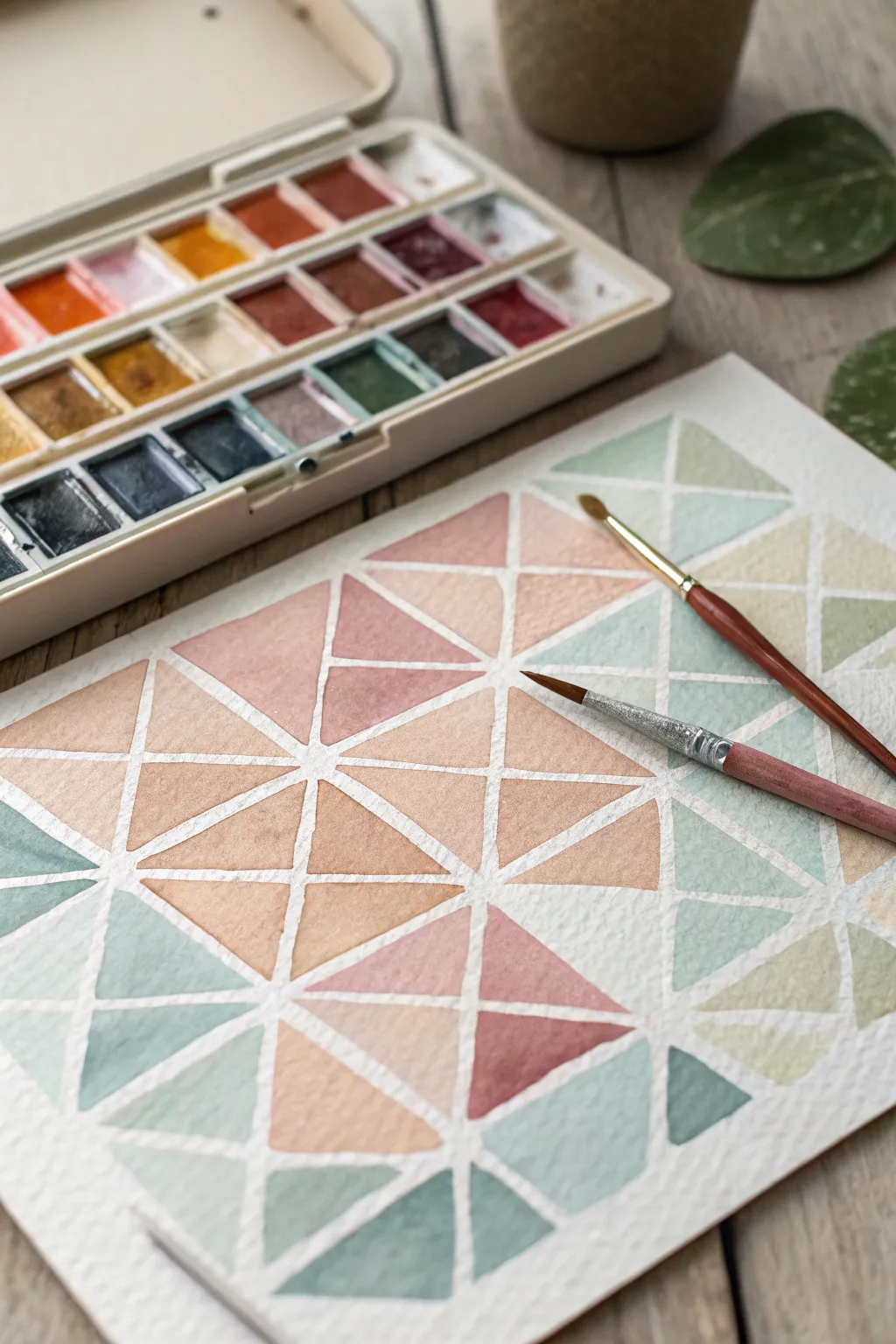 Soft watercolor triangle mosaic with dreamy bleeds and a few crisp shapes for clean contrast