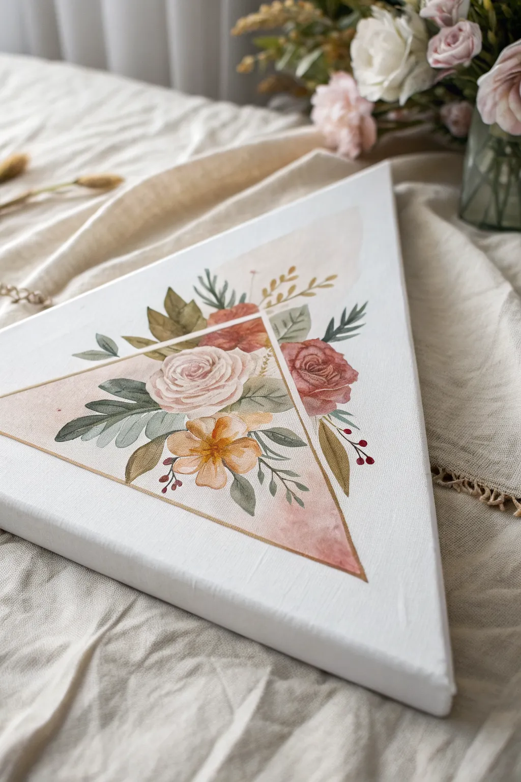 Airy watercolor washes inside crisp triangle edges, a calm minimalist canvas painting idea