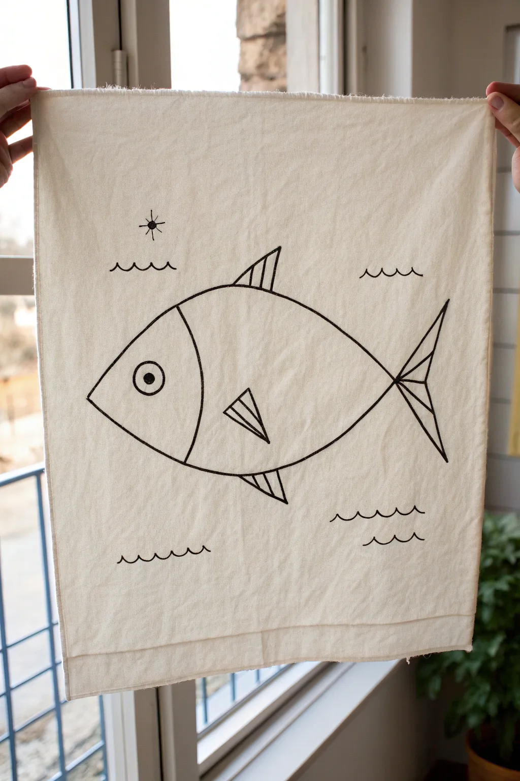 Minimal triangle fish sketch: bold body triangle, tiny tail, simple eye and scale marks.