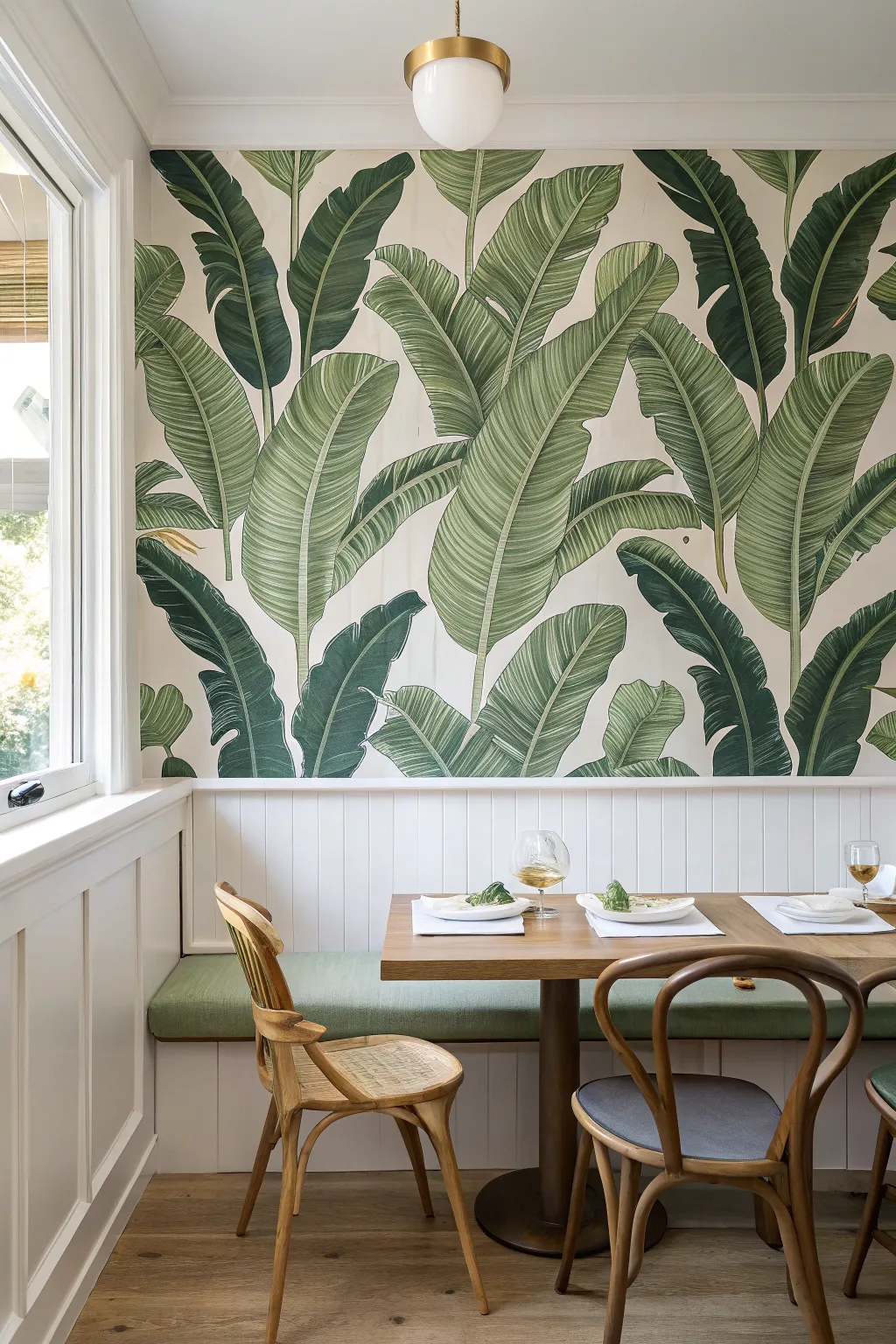 Hand-painted banana leaf fan mural brings energetic, social tropical vibes to a cozy dining nook.
