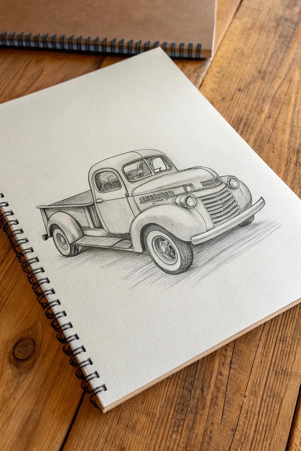 Soft line vintage rounded truck sketch with gentle shading, minimalist boho studio vibe.