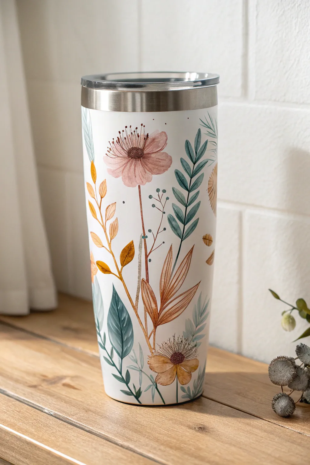 Watercolor ink wash tumbler inspiration with soft color blooms in a calm minimalist setting