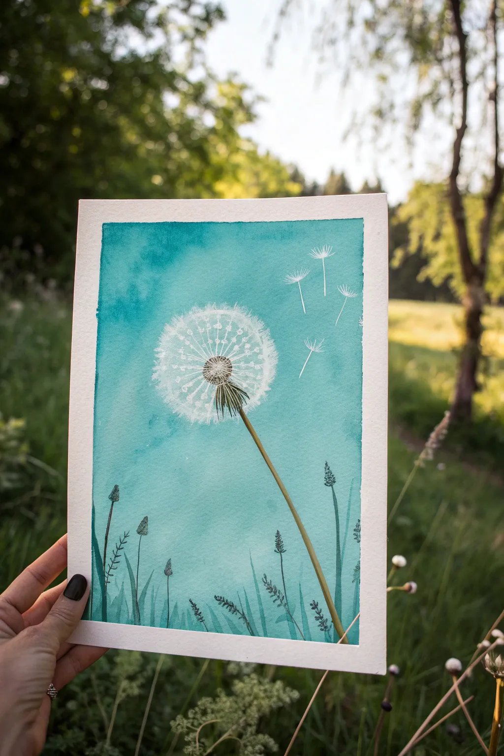 White dandelion on a calm turquoise sky, airy minimalist boho painting idea for beginners