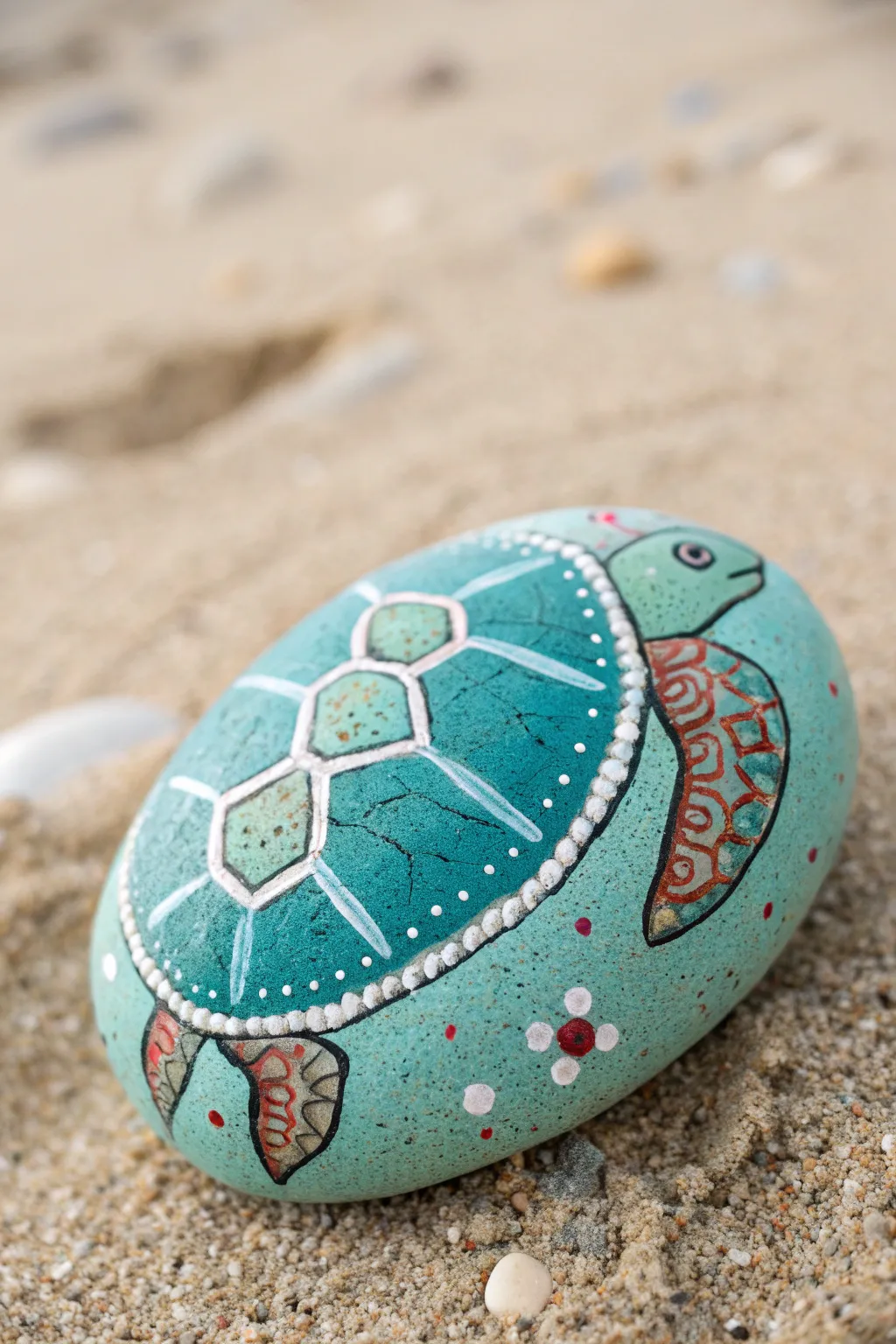 Tropical reef palette turtle rock: turquoise and teal shell with coral accents on sand