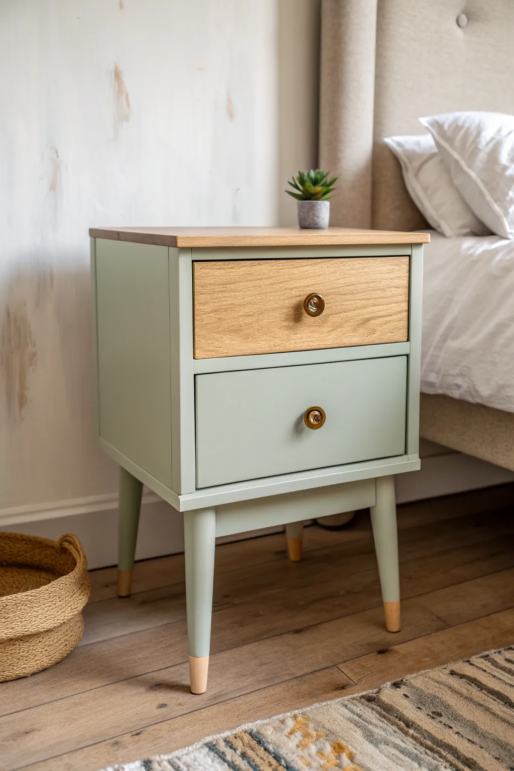 Painted sage base and natural oak drawer create a chic two tone nightstand for calm bedrooms.