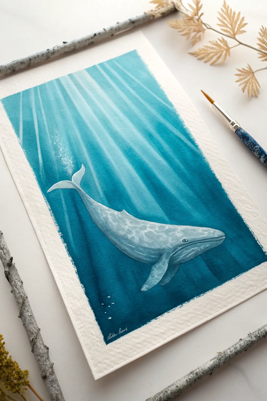 Easy under the sea painting idea: a gentle distant whale drifting through soft ocean sunrays.