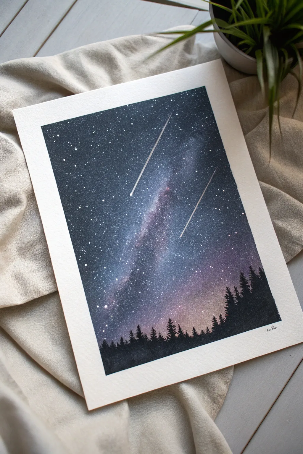 Minimal deep-space painting: one luminous shooting star with a long, softly fading glow trail