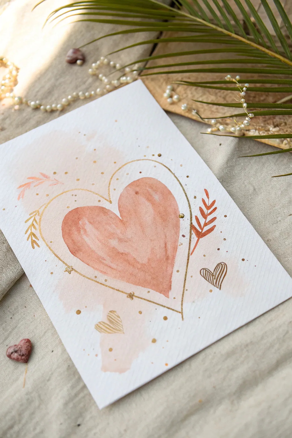 Metallic heart highlight idea for Valentine painting, simple blush watercolor with gold shimmer