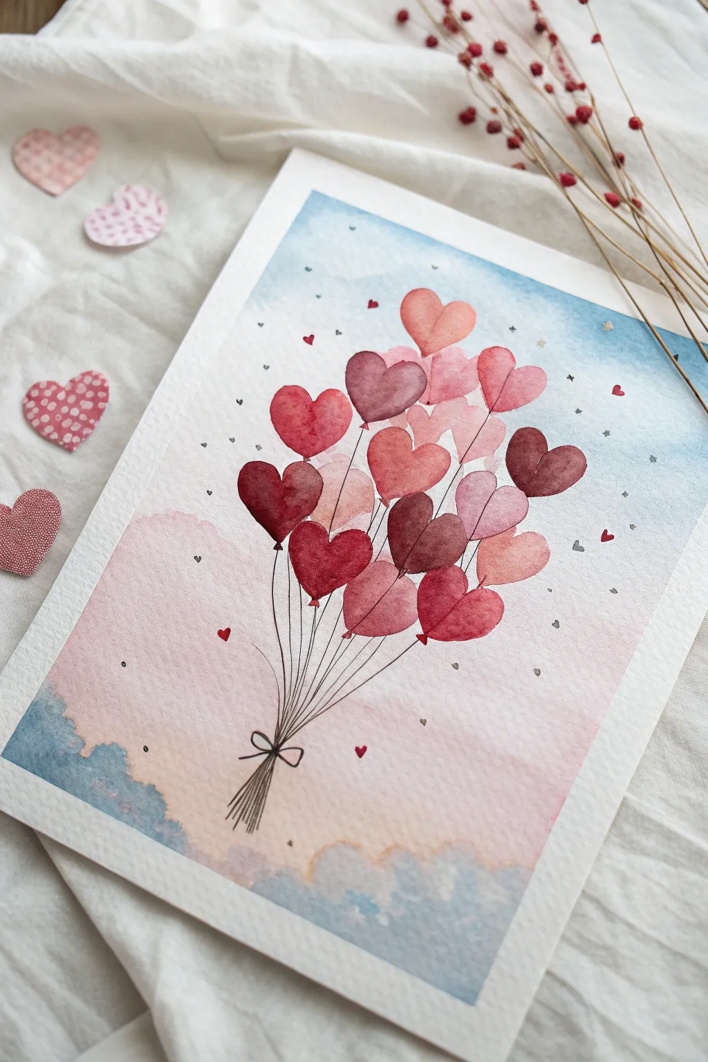 Heart balloon bouquet in soft pastels and bold reds, a simple Valentine paint and sip idea