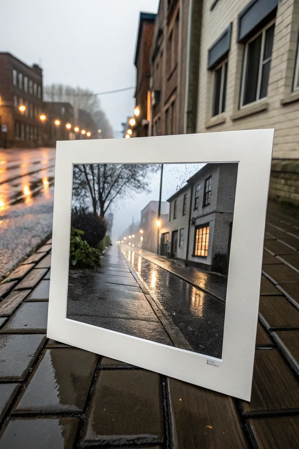 Paint wet-pavement values with bold darks and bright reflections in a minimalist rainy street study.