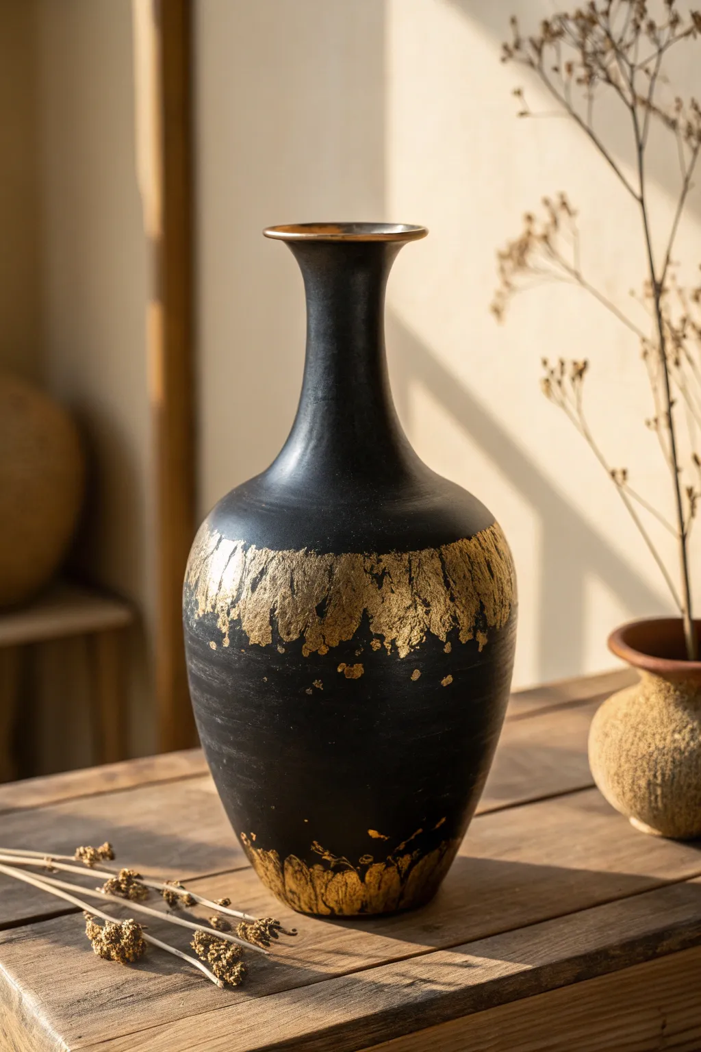 Elevate your home decor with this chic matte black vase and luxe gold leaf design.