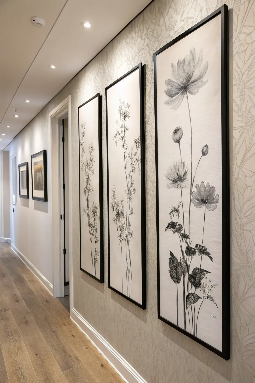 Two ink wash panels add elegant height and contrast to narrow hallway walls with soft gradients