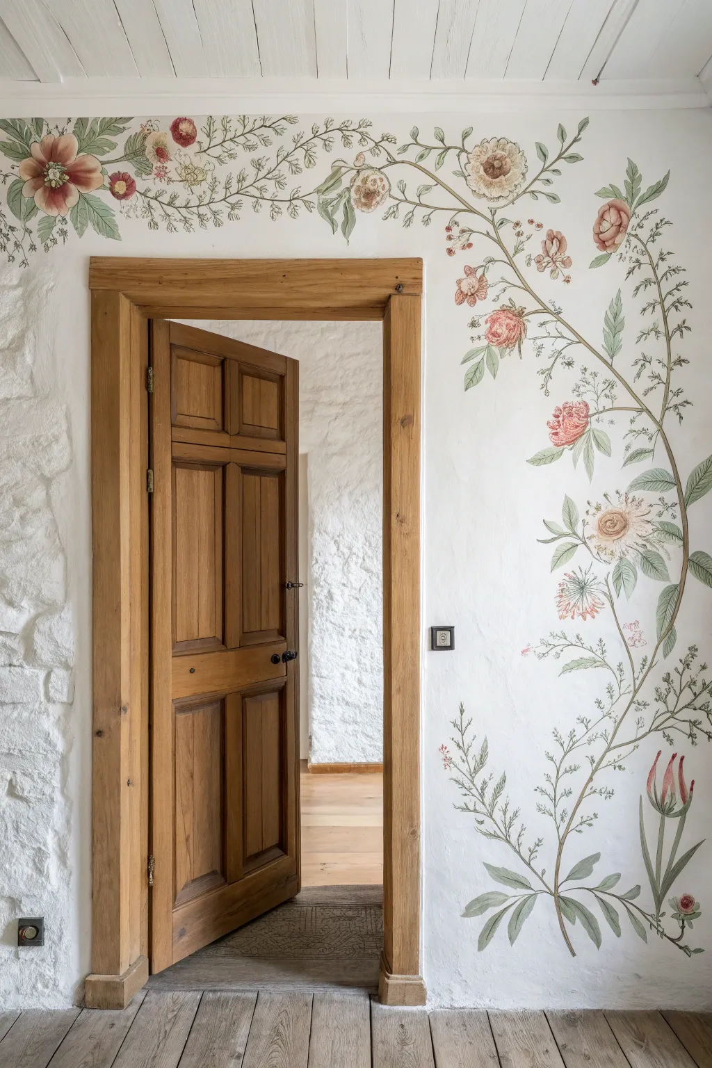 Doorframe florals drawn like a loose garland, adding soft boho charm to a minimalist hallway