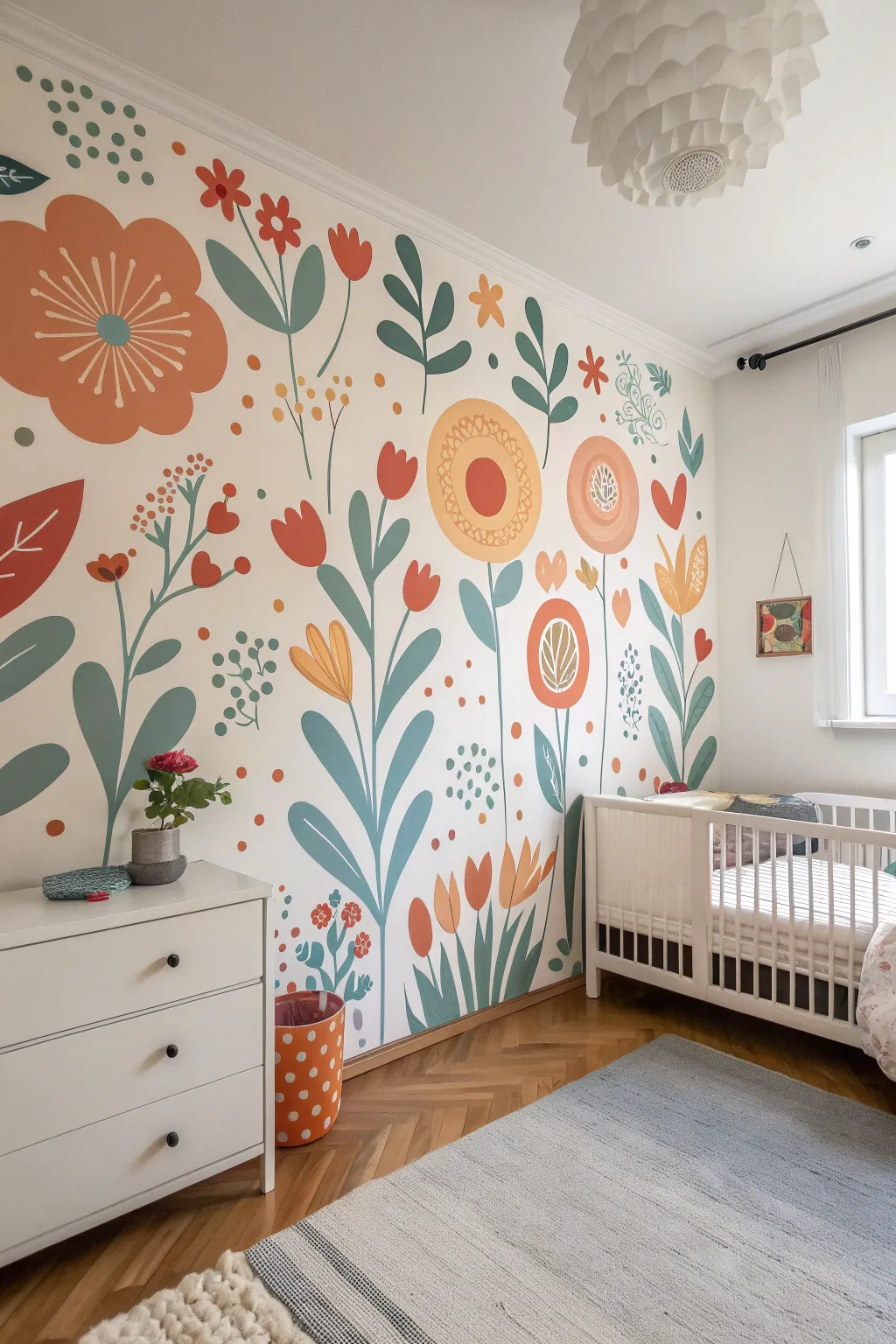 Whimsical shapes and bold blooms turn a simple wall into a playful, modern kids mural
