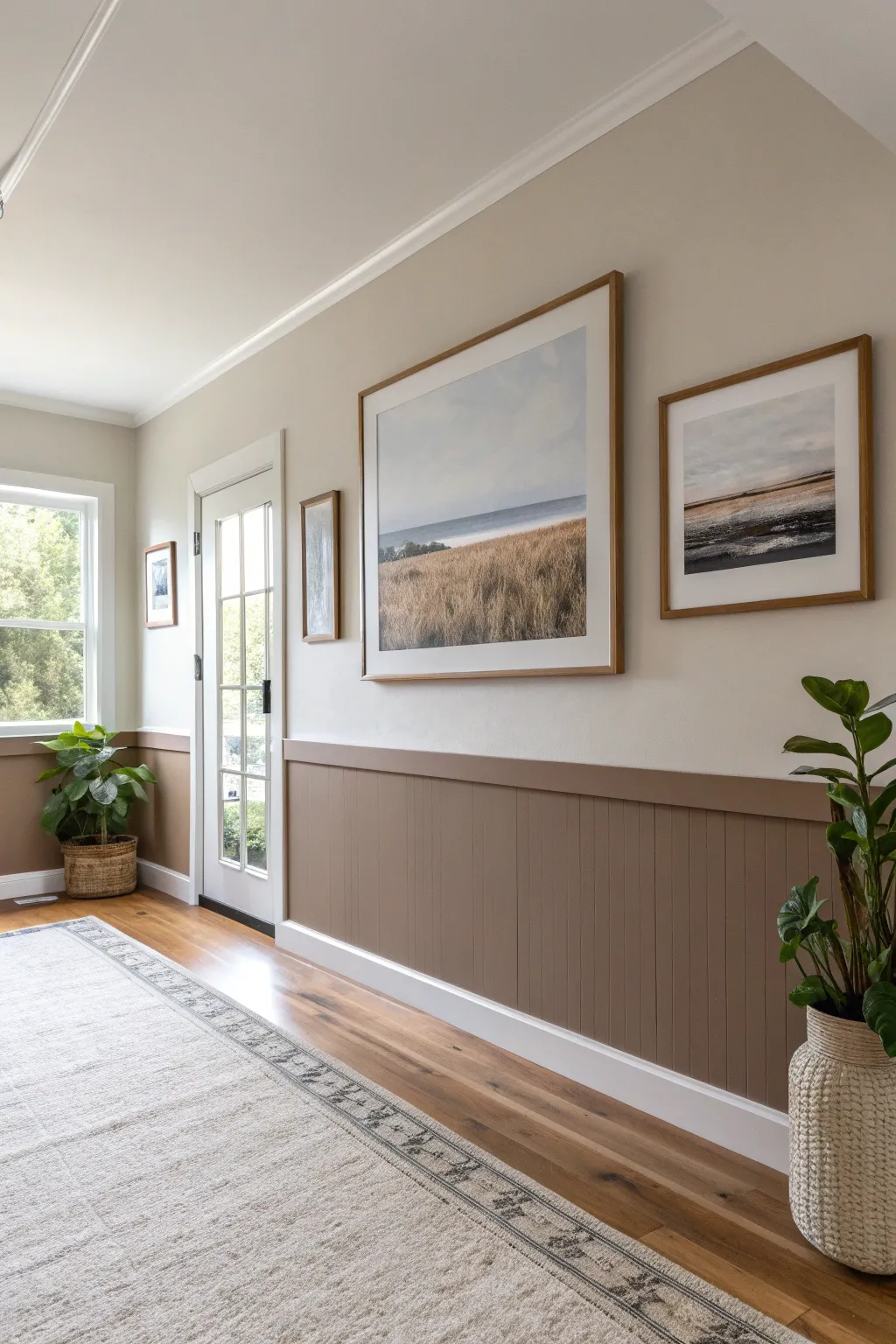 Two-tone banded wall with a framed piece crossing the line for a calm, intentional living room.